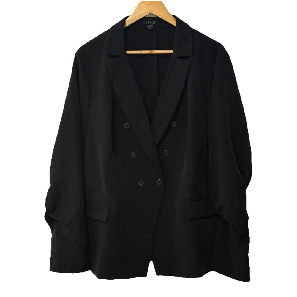 NWT VENUS Black Double Breasted Ruched Sleeve Blazer Women’s Plus 24 Stretch